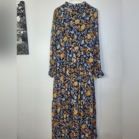 Lucky Brand Black Floral Maxi Dress Size Large Sheer Sleeves Teired V-Neck - Picture 9 of 12